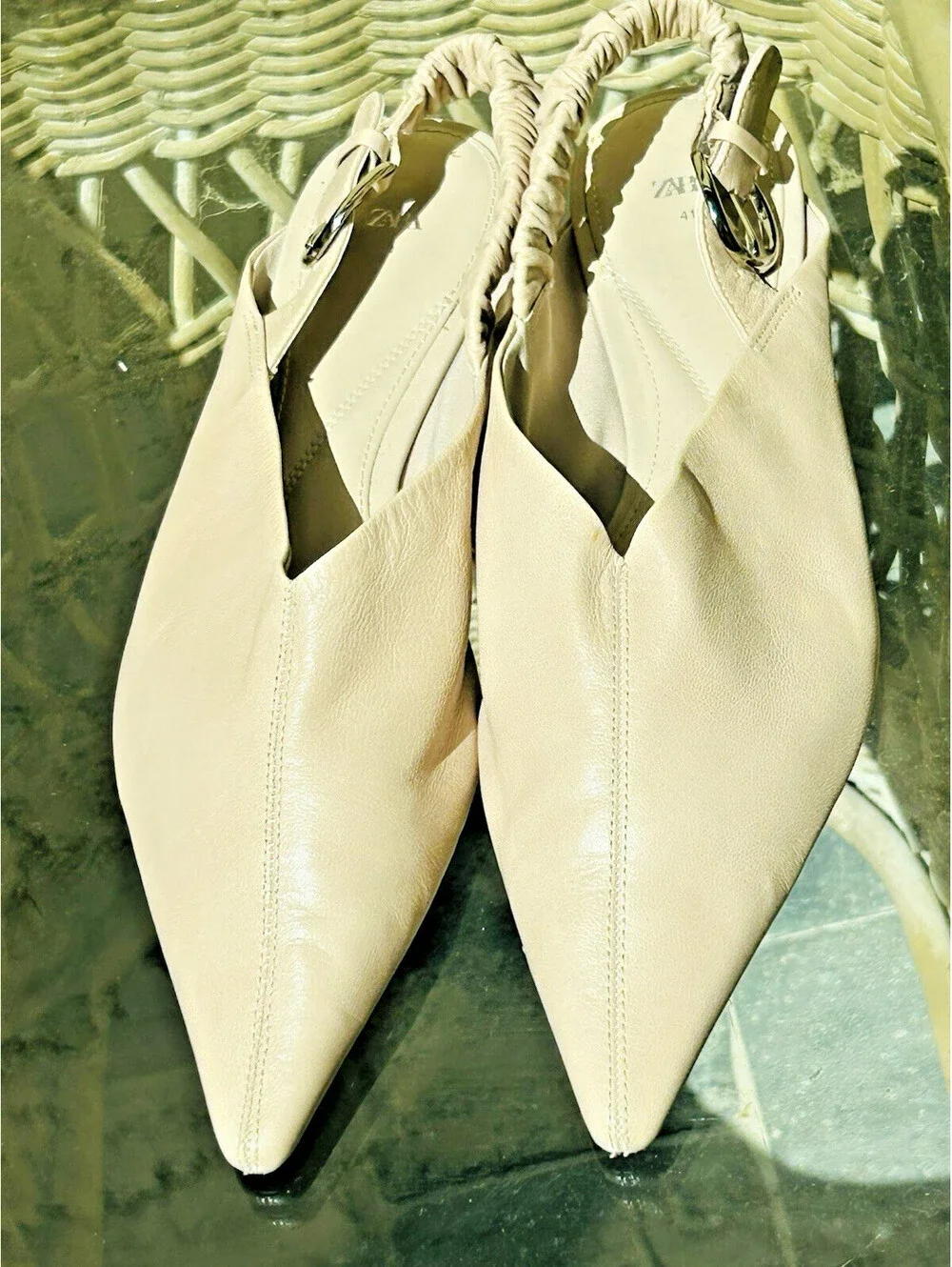 NEW ZARA Pointed Ballet Sling Back Flats Kitten Heel Taupe Leather US 10 EU 41
